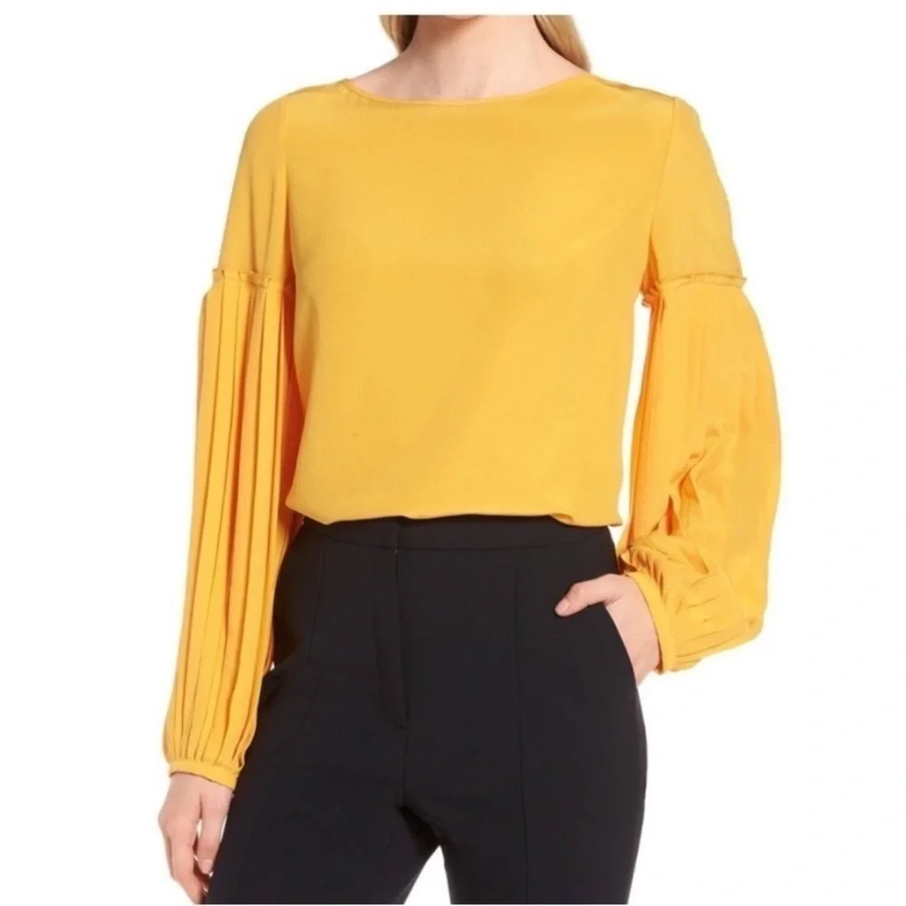Lewit Silk Pleated Sleeve Blouse Yellow Keyhole Back Top M - Picture 1 of 10